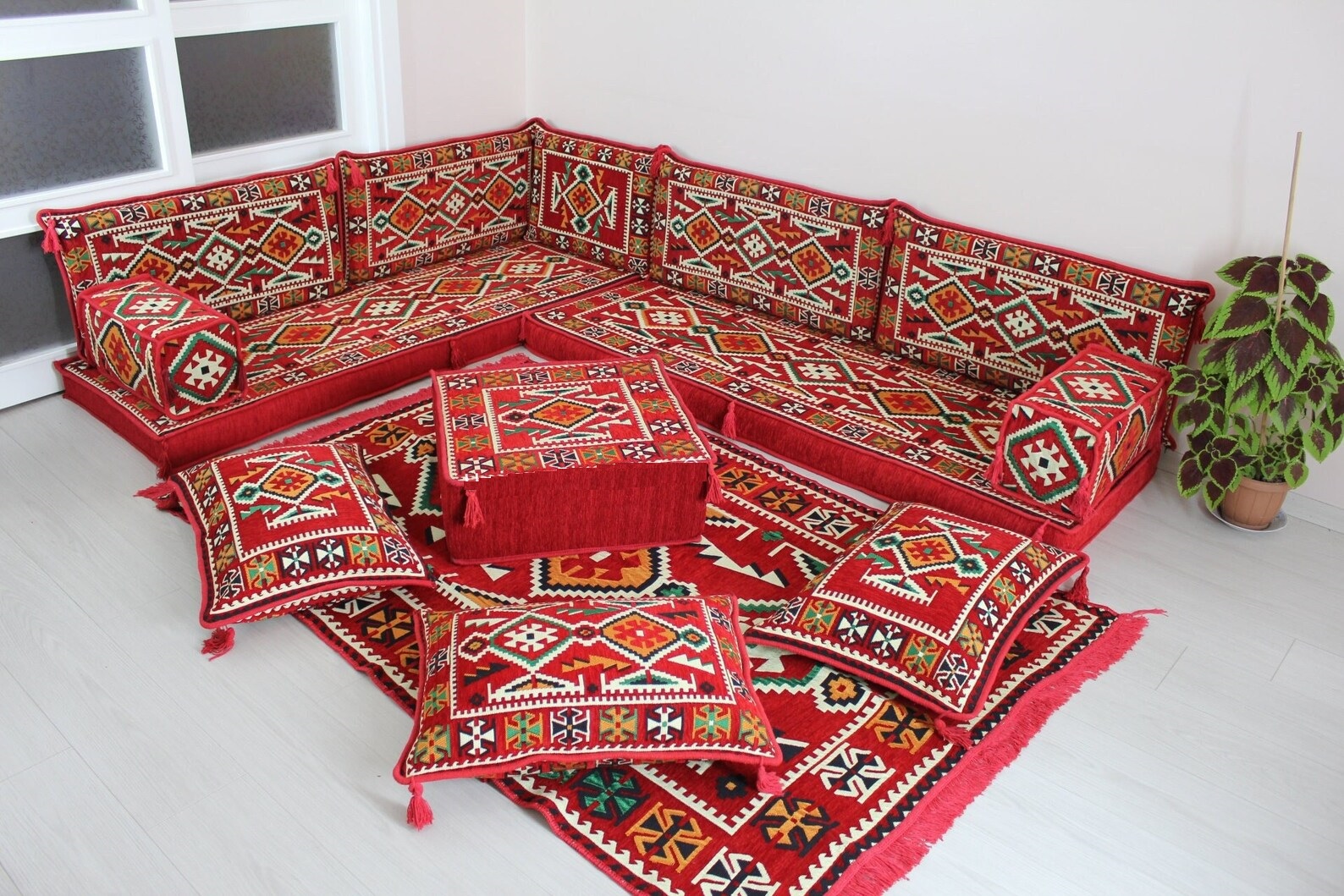 L Shaped Majlis Sofa Floor Seating Set Red 