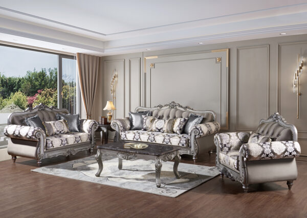 Classic Style Living Room In A Two Tone Fabric Application Of Grey And Pewter