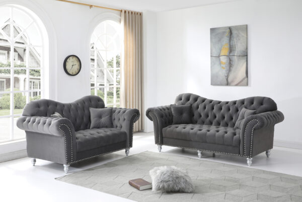 Classic Glamour Styling In A Grey Velvet Fabric With Matching Throw Pillows.